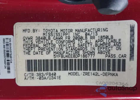 2013 Toyota Corolla Le from USA, damaged, VIN 5YFBU4EE8DP186777